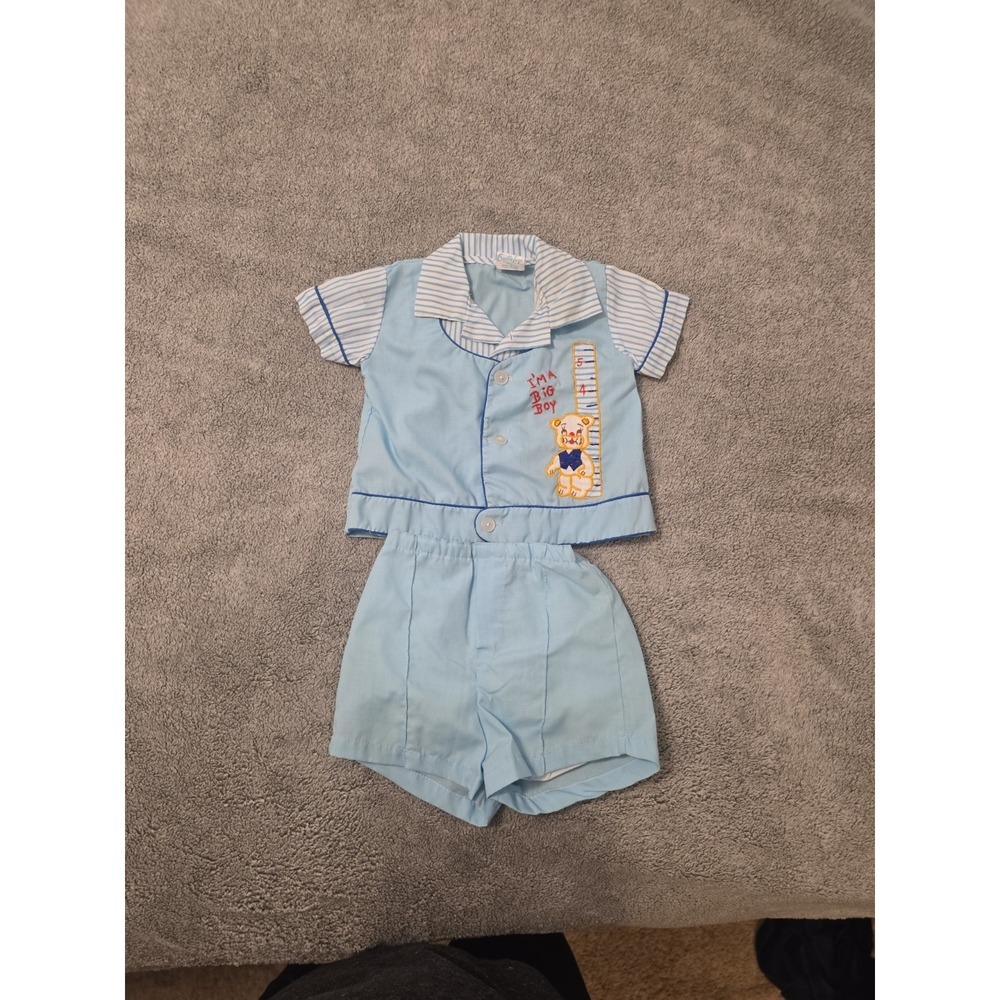 70s Vintage Cradle Togs Bear 2 Piece Boy Outfit Size 3-6 Month Embroidered Blue